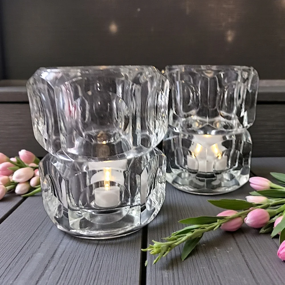 2 Vtg Modernist Crystal Candle Holders Block Cube Bohemia Glass Cubist Icy Clear